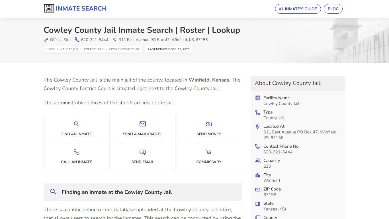 Cowley County Jail Inmate Search | Roster | Lookup